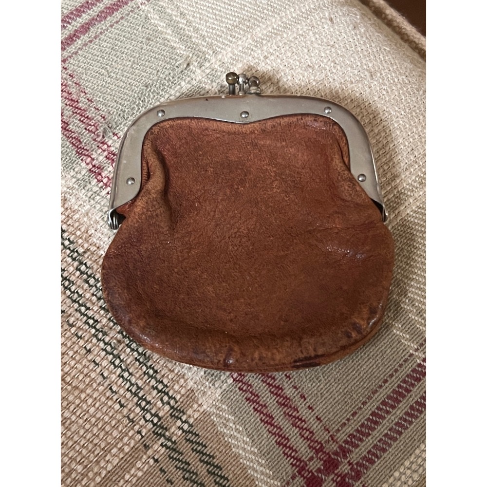 Vintage Brown Leather Double Kiss Lock Coin Purse Small Change Pouch Wallet